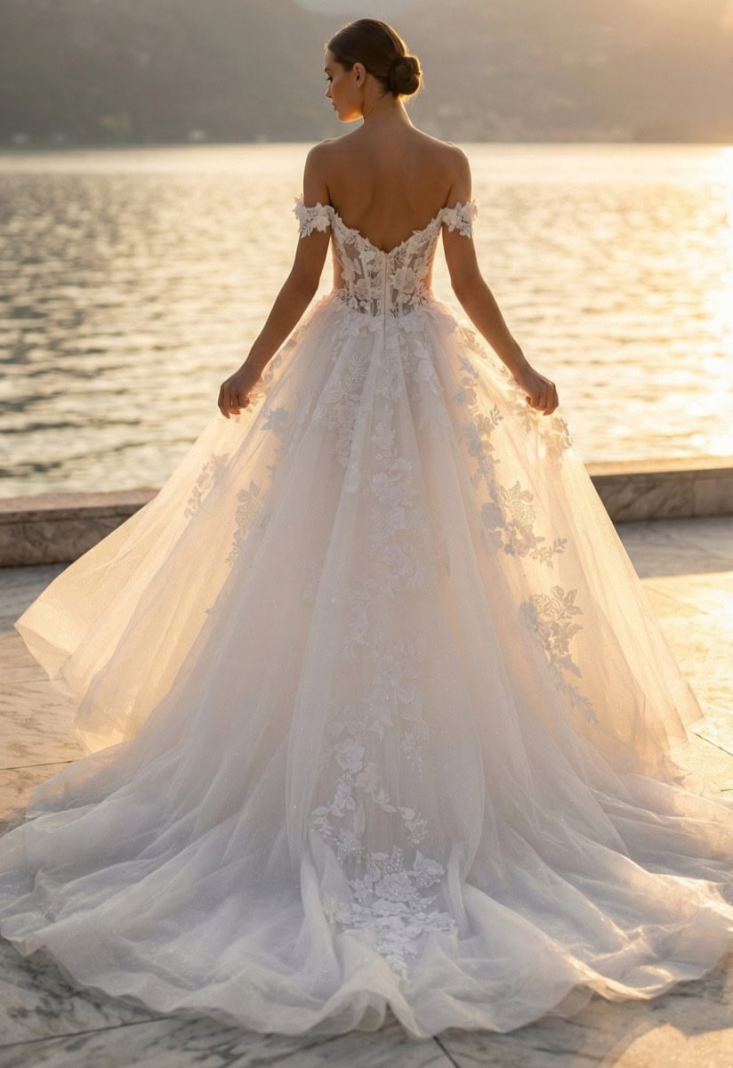 Robe de mariée élégante avec dentelle et volants, vue de dos au coucher du soleil près d'un lac.