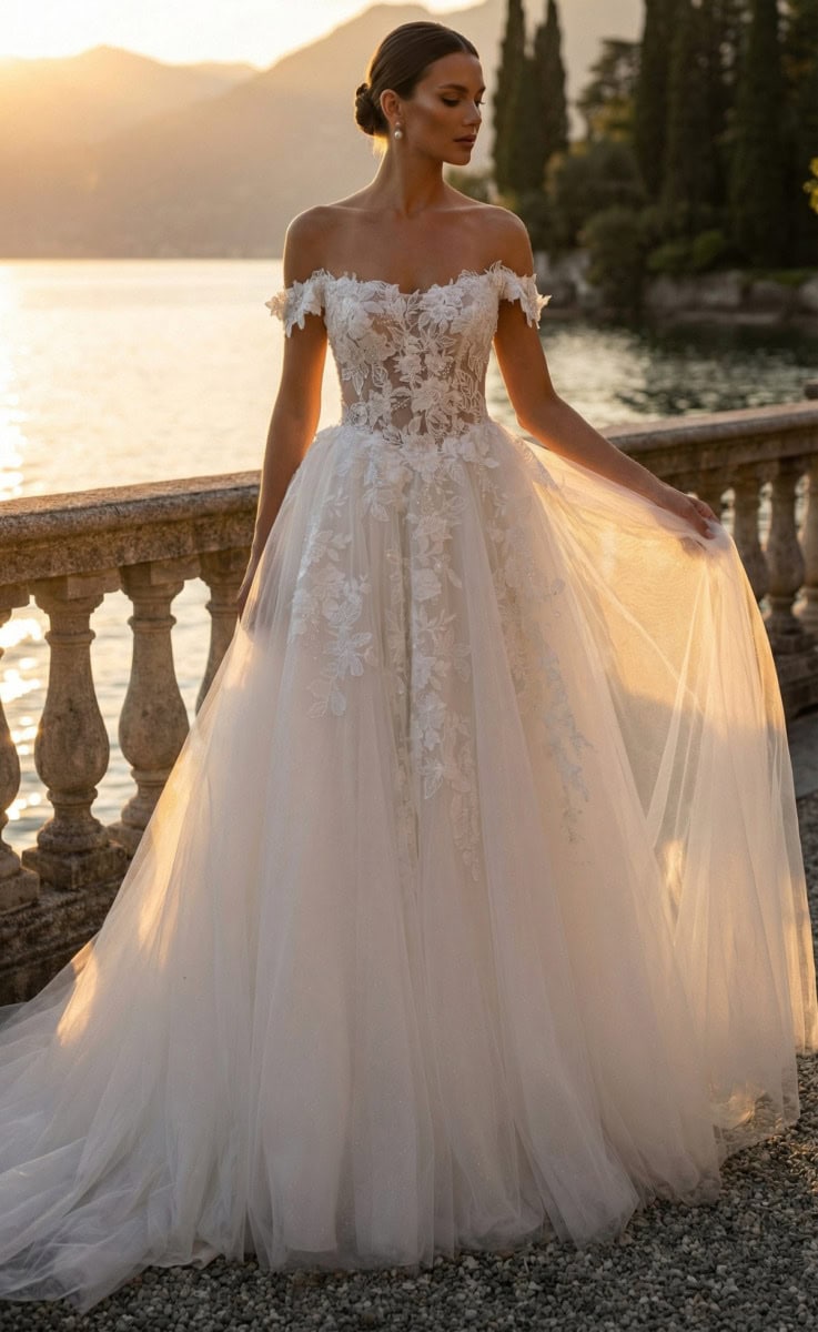 Robe de mariée élégante avec dentelle et décolleté en cœur, portée par une femme devant un lac au coucher du soleil.