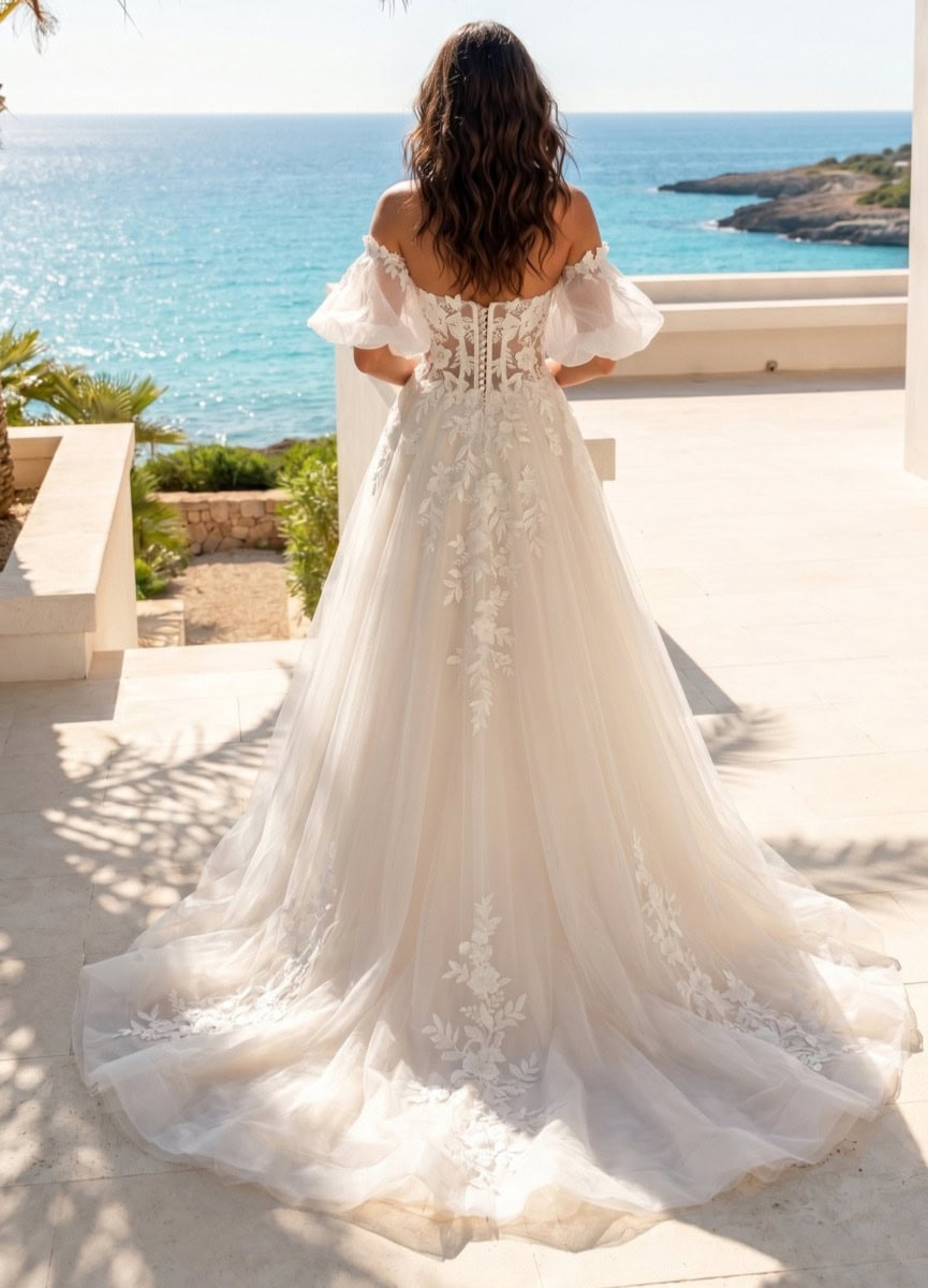 Femme portant une robe de mariée blanche avec détails en dentelle, vue de dos, avec vue sur la mer en arrière-plan.