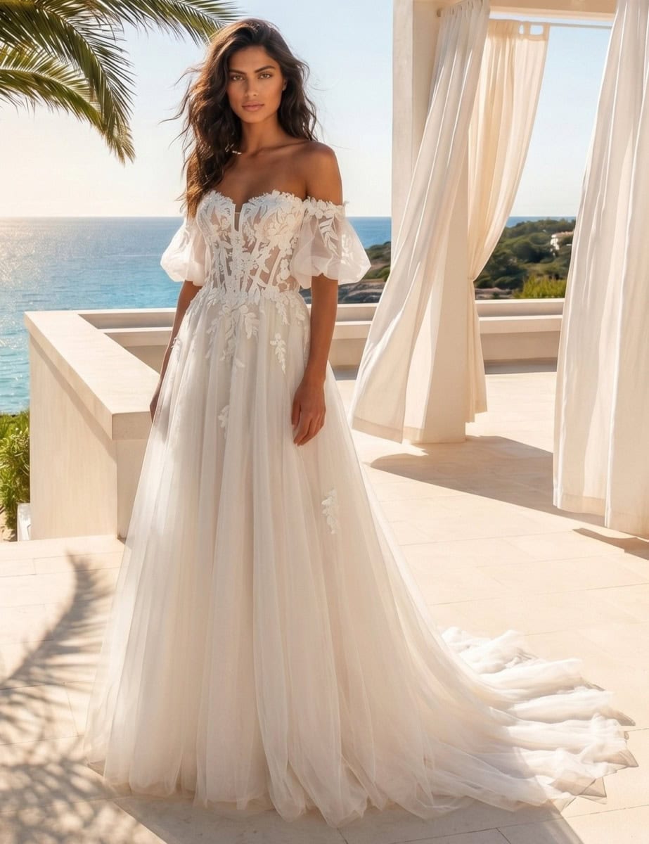 Robe de mariée élégante en dentelle blanche avec épaules dénudées et jupe fluide, vue sur la mer dans un cadre ensoleillé.