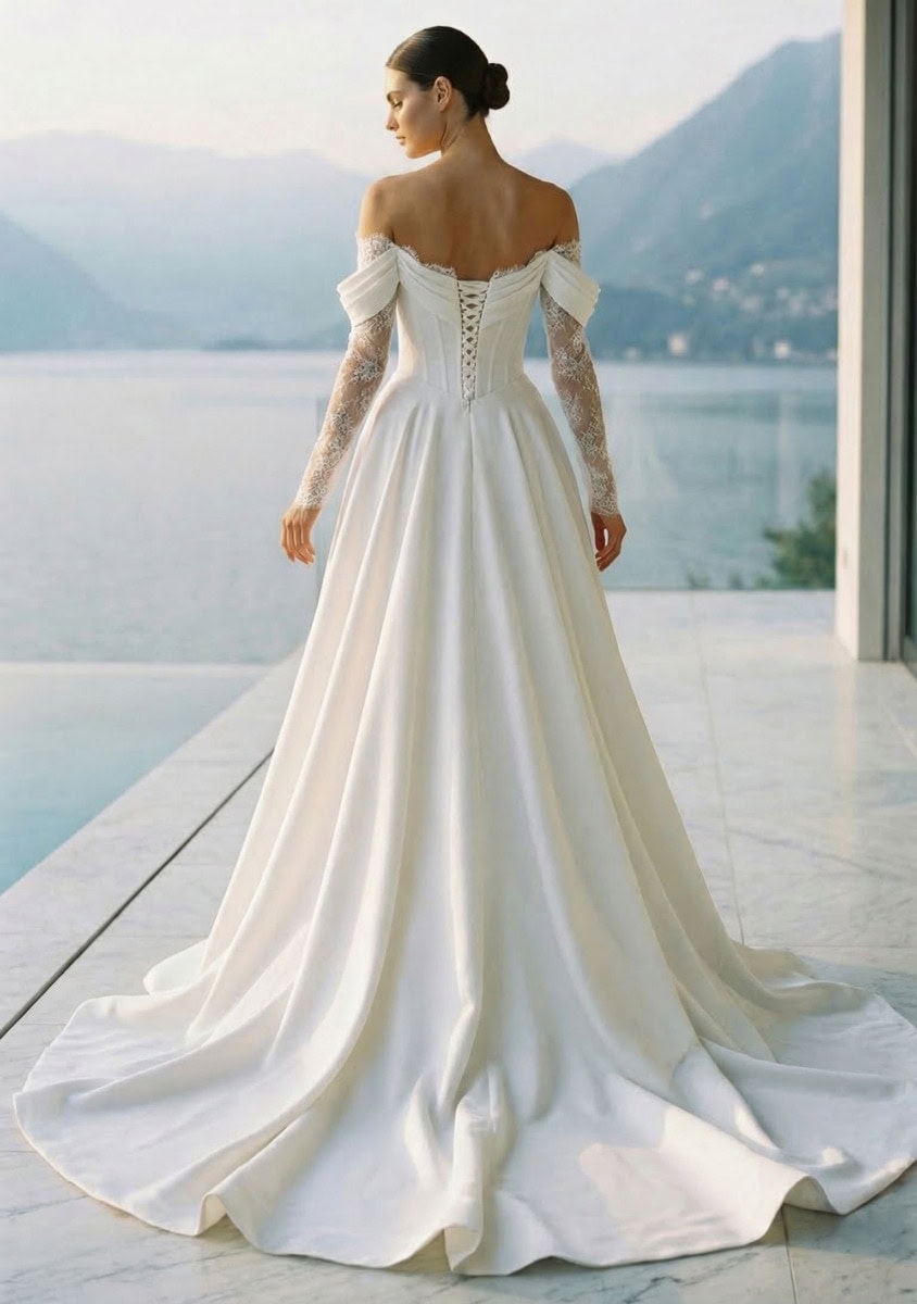 Robe de mariée élégante avec manches en dentelle et corsage ajusté, vue arrière, dans un décor de lac et montagnes.