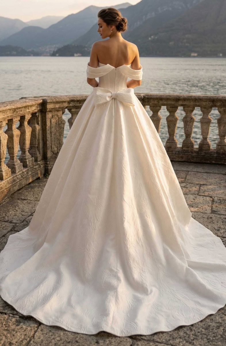 Robe de mariée élégante avec décolleté off-shoulder et longue traîne, vue de dos avec paysage lacustre et montagnes en arrière-plan.