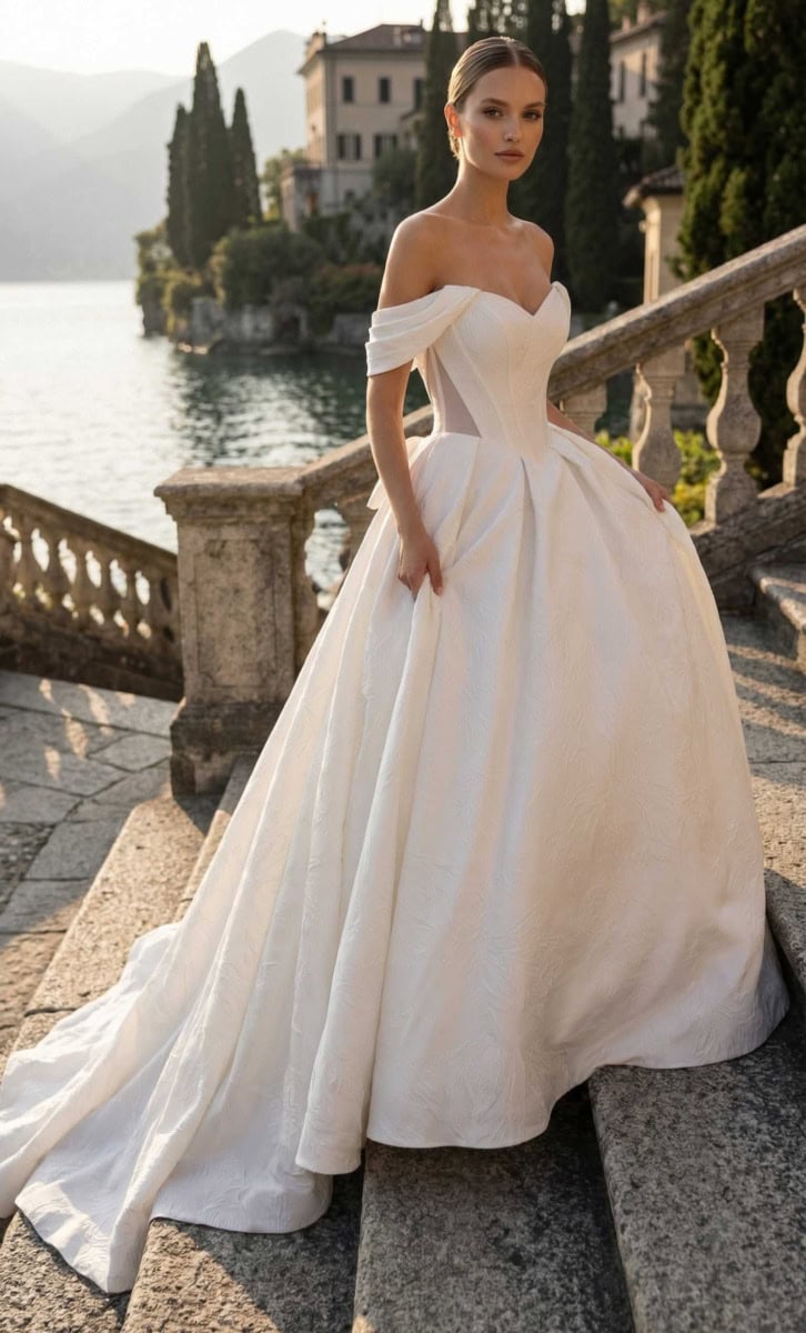 Robe de mariée élégante en satin ivoire avec décolleté en cœur et épaules dénudées, posant sur un pont en pierre avec vue sur un lac et des montagnes en arrière-plan.