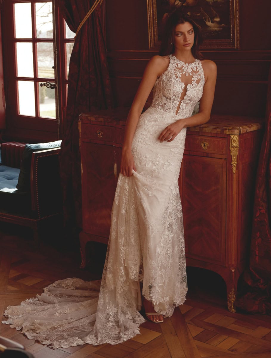 Jada face Justin Alexander robe de mariée sirène en dentelle top col rond traîne magasin de robes de mariée Paris