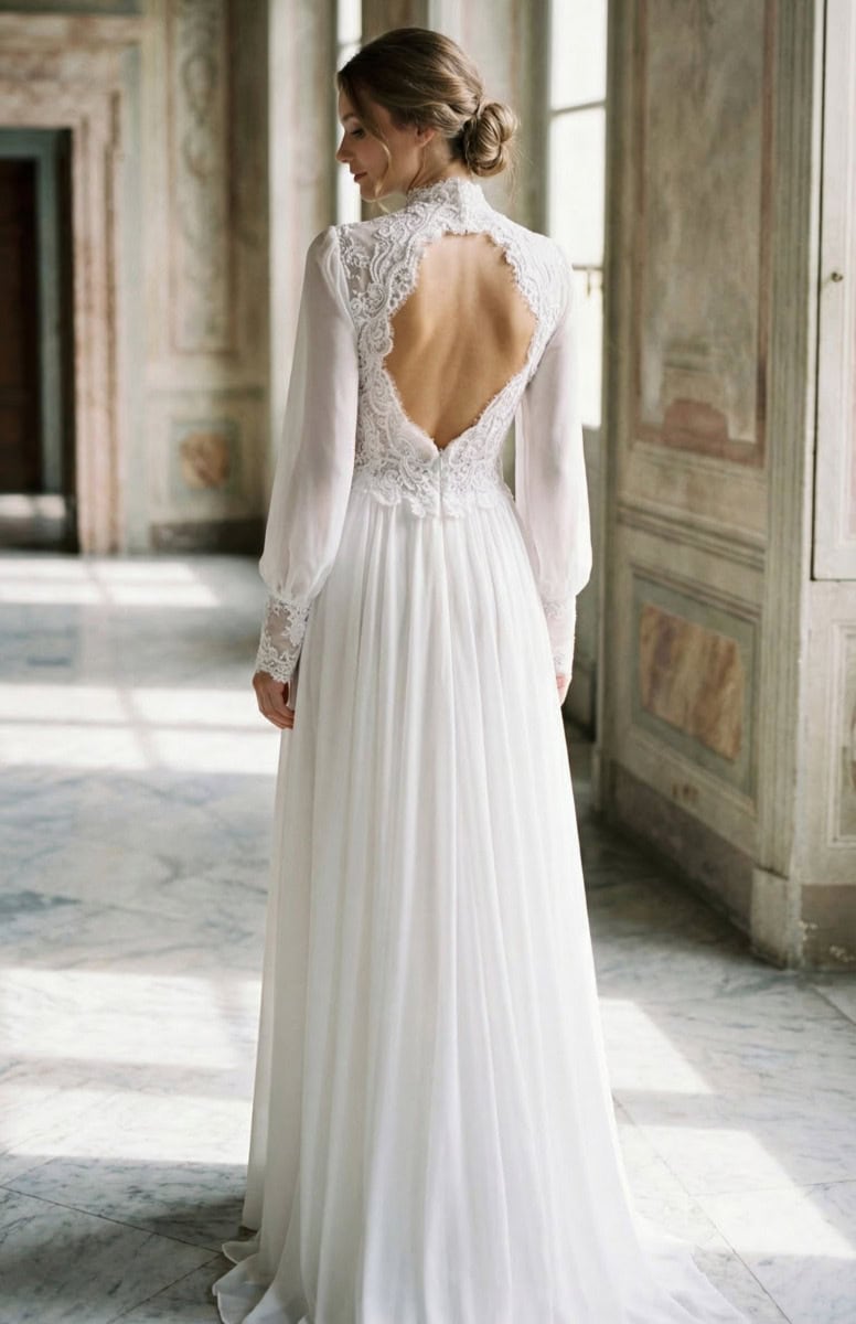 Robe de mariée élégante avec dos nu en dentelle et manches longues, dans un décor vintage lumineux.