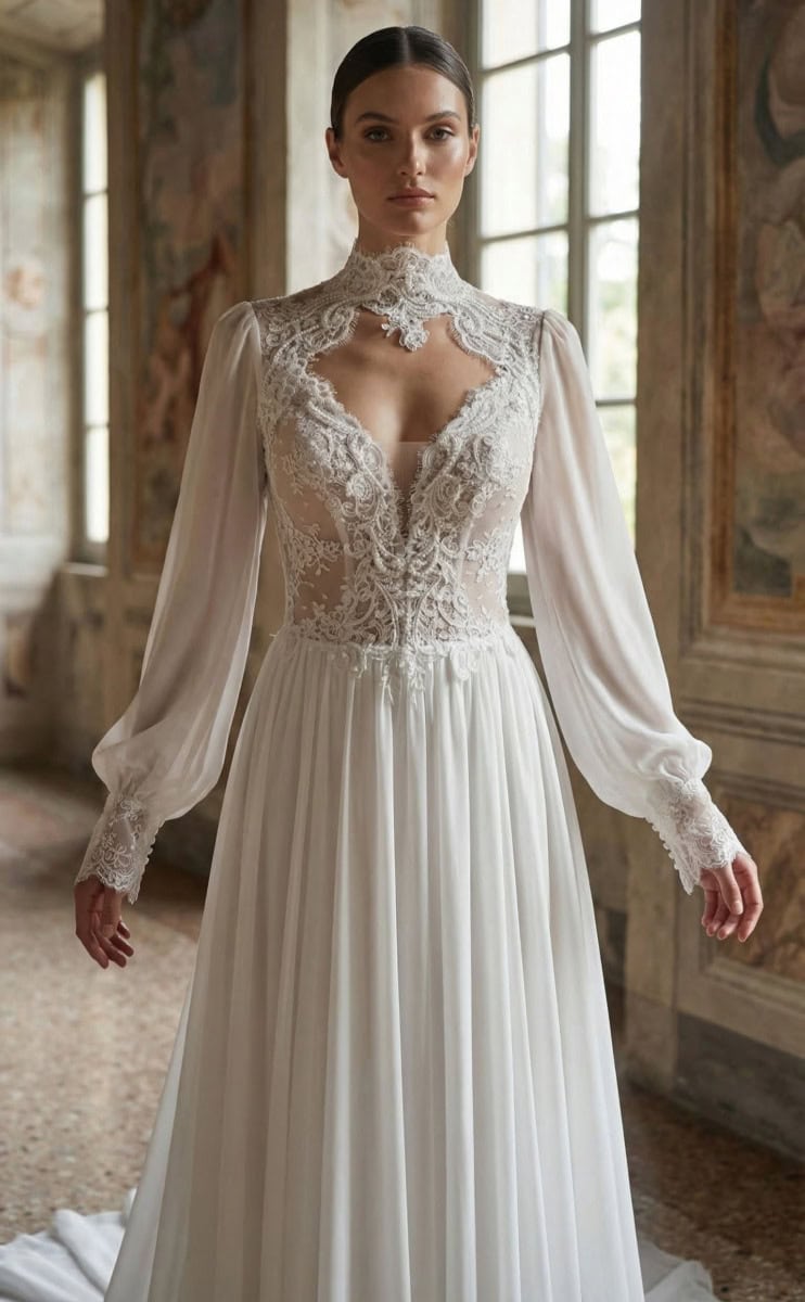 Robe de mariée élégante avec dentelle et manches longues dans un décor historique.