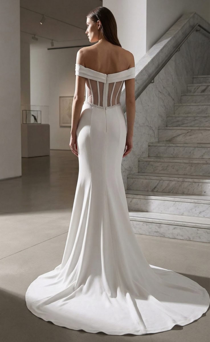 Robe de mariée élégante avec décolleté et détails en transparence, conçue pour une occasion spéciale.