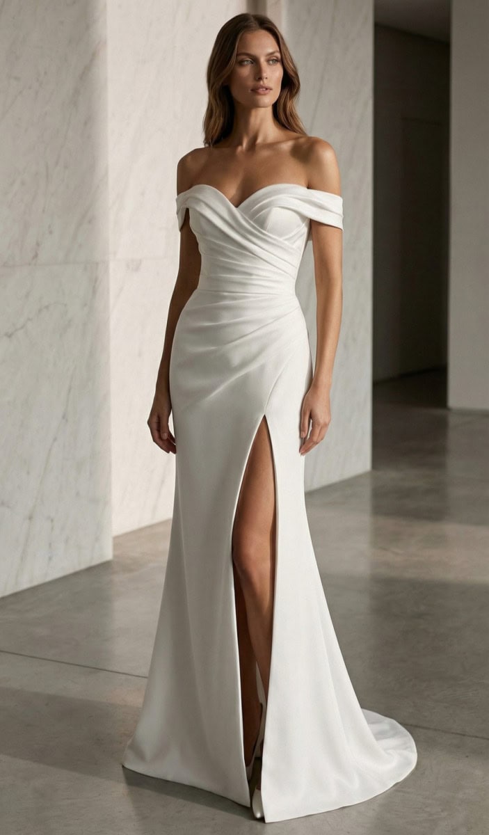 Robe de mariée élégante avec décolleté en cœur et fente haute, portée par une femme dans un décor moderne et minimaliste.