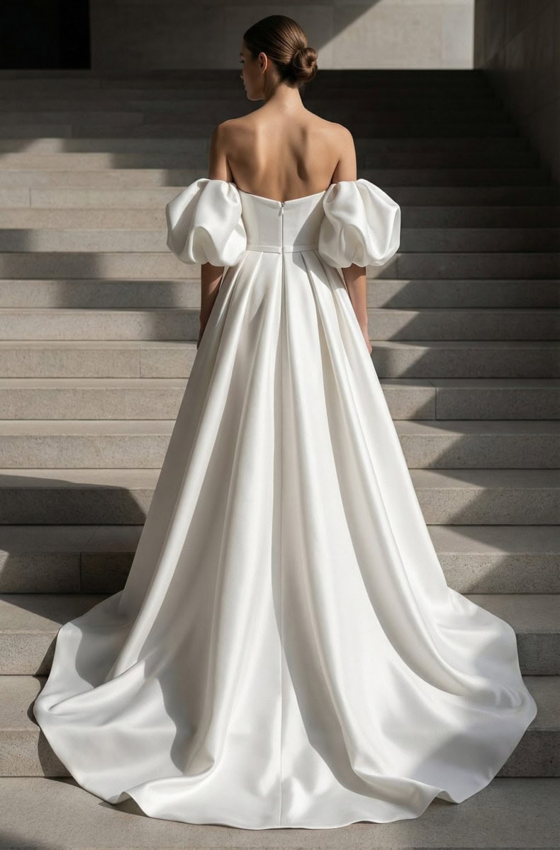 Robe de mariée élégante avec manches bouffantes et dos en corset, sur des escaliers en pierre.
