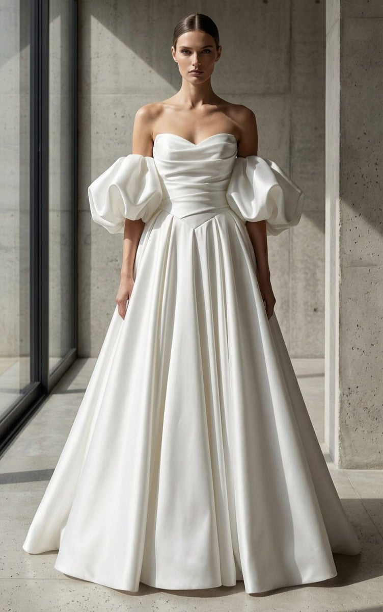 Robe de mariée élégante avec manches bouffantes et corsage drapé, parfaite pour un mariage sophistiqué.