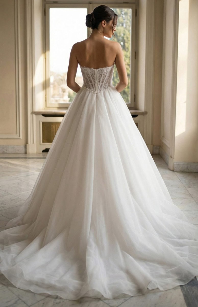 Saffron dos MS Moda robe de mariée princesse bustier dentelle pointe jupe évasée organza traîne magasin de robes de mariée Annecy