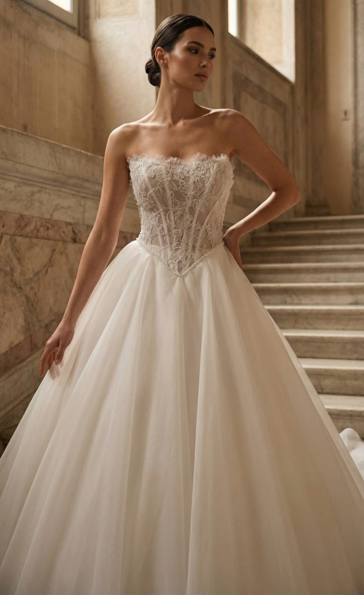 Robe de mariée élégante avec corsage en dentelle et jupe volumineuse, posant dans un escalier en pierre dans une ambiance classique et sophistiquée.