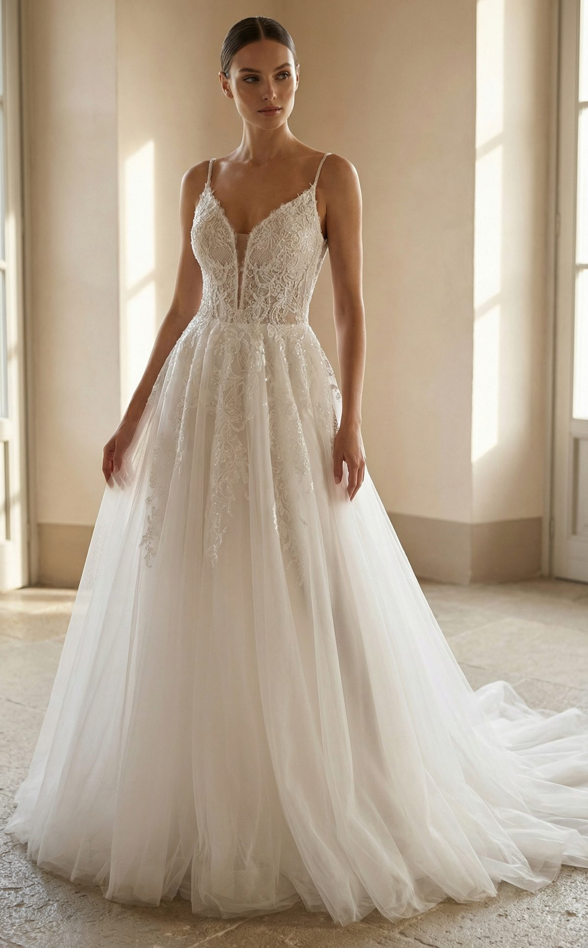 Abril face MS Moda robe de mariée princesse trapèze A-line tulle dentelle top décolleté V fines bretelles traîne boutique de robes de mariée Paris
