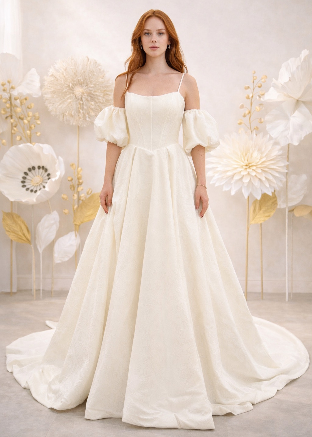 Adonis face Atelier Novia robe de mariée princesse mikado décolleté droit bretelles fines traîne magasin de robes de mariée Paris