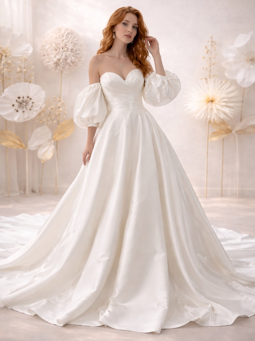 Alpina face Atelier Novia robe de mariée princesse mikado bistier coeur drapé traîne manches amovibles magasin de robes de mariée Annecy