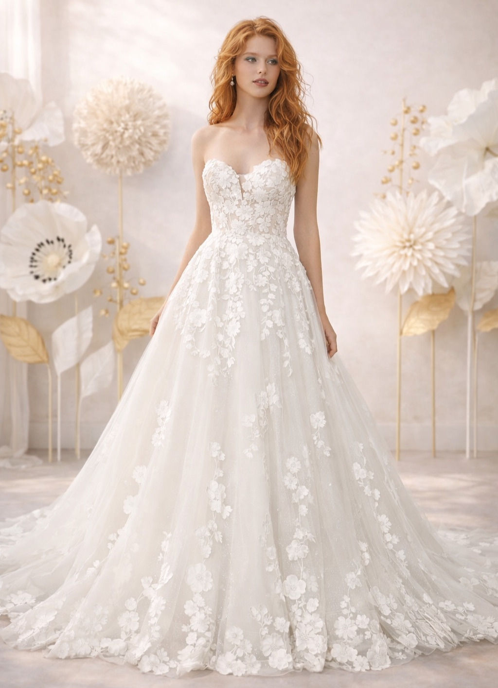 Anemone face Atelier Novias robe de mariée princesse tulle dentelle bustier coeur traîne magasin de robes de mariée Paris
