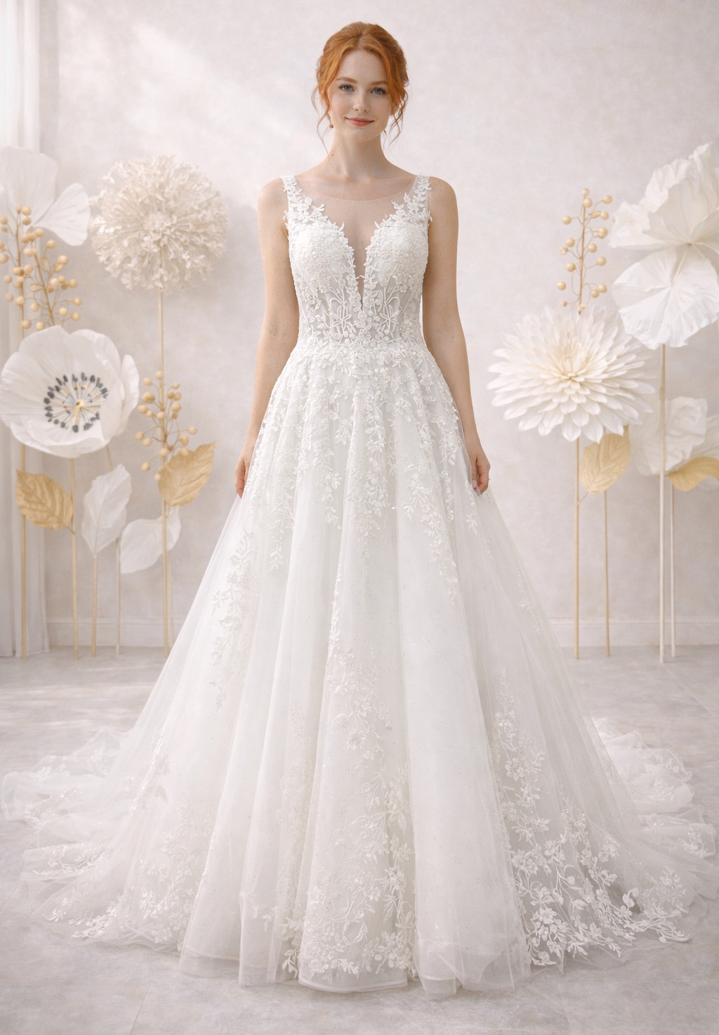 Azorina face Atelier Novia robe de mariée princesse tulle dentelle décolleté V traîne magasin de robes de mariée Annecy