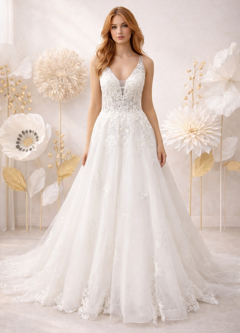 Azucella face Atelier Novia robe de mariée princesse tulle dentelle décolleté V traîne magasin de robes de mariée Annecy