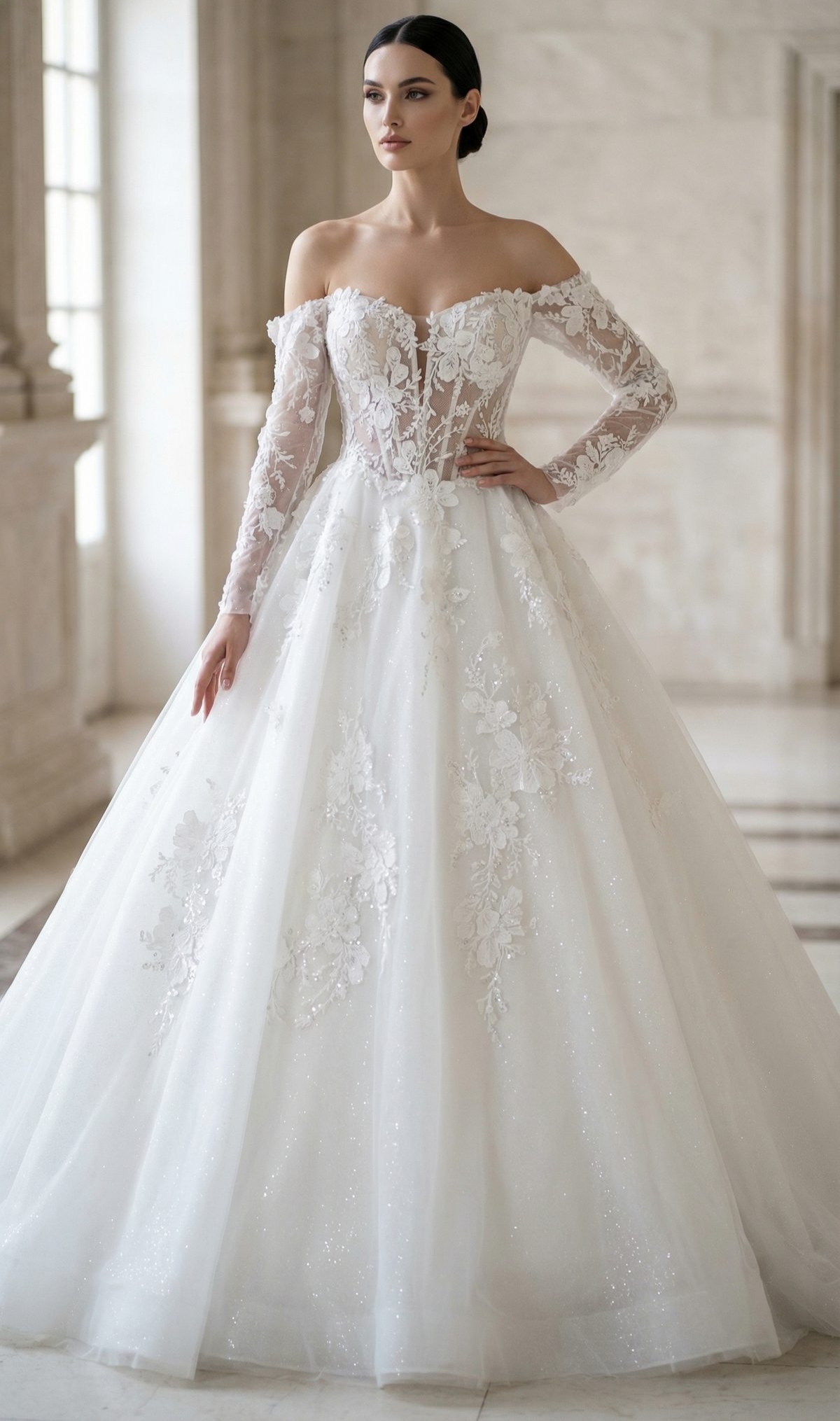 Branda face MS Moda robe de mariée princesse tulle dentelle manches longues bustier vague traîne magasin de robes de mariée Paris