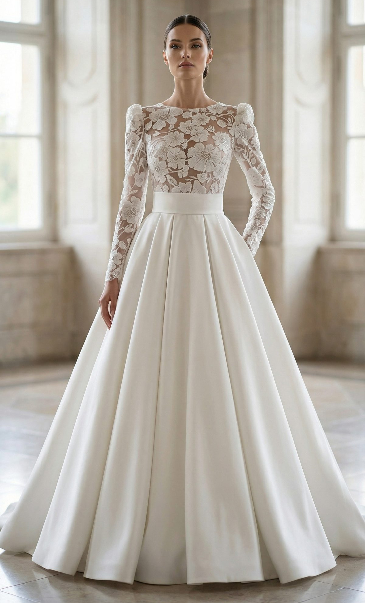 Gerardina face MS Moda robe de mariée princesse satin mikado dentelle guipure col rond manches longues magasin de robes de mariée Paris