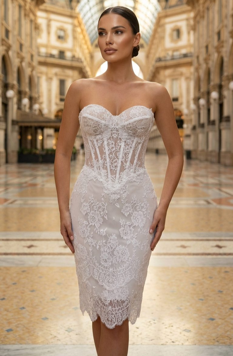Marisol face 2 MS Moda robe courte dentelle ajustée magasin de robes de mariage O'scarlett Nogent-sur-Marne