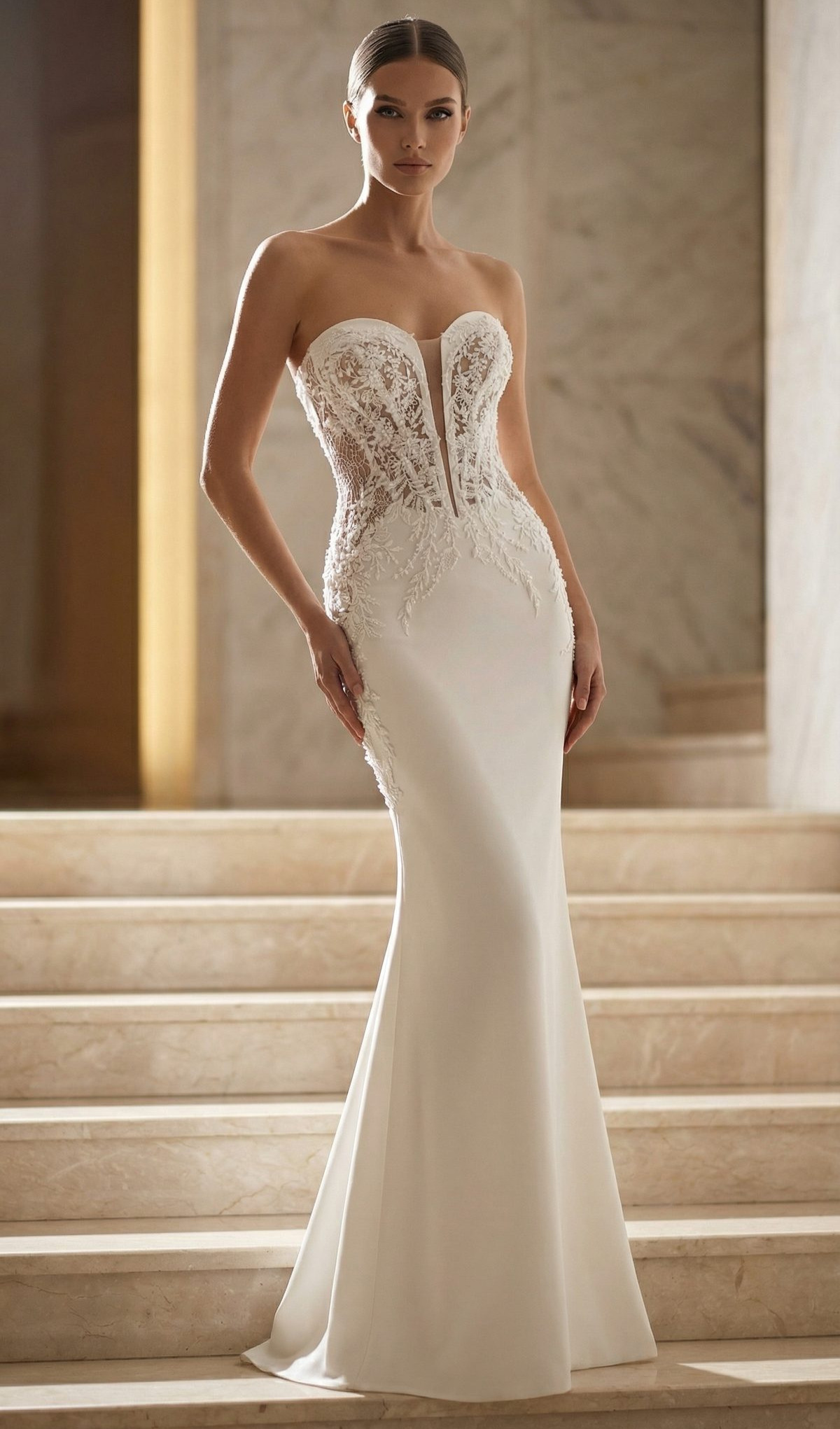 Afenda face MS Moda robe de mariée sirène dentelle crêpe magasin de robes de mariage O'scarlett Nogent sur Marne