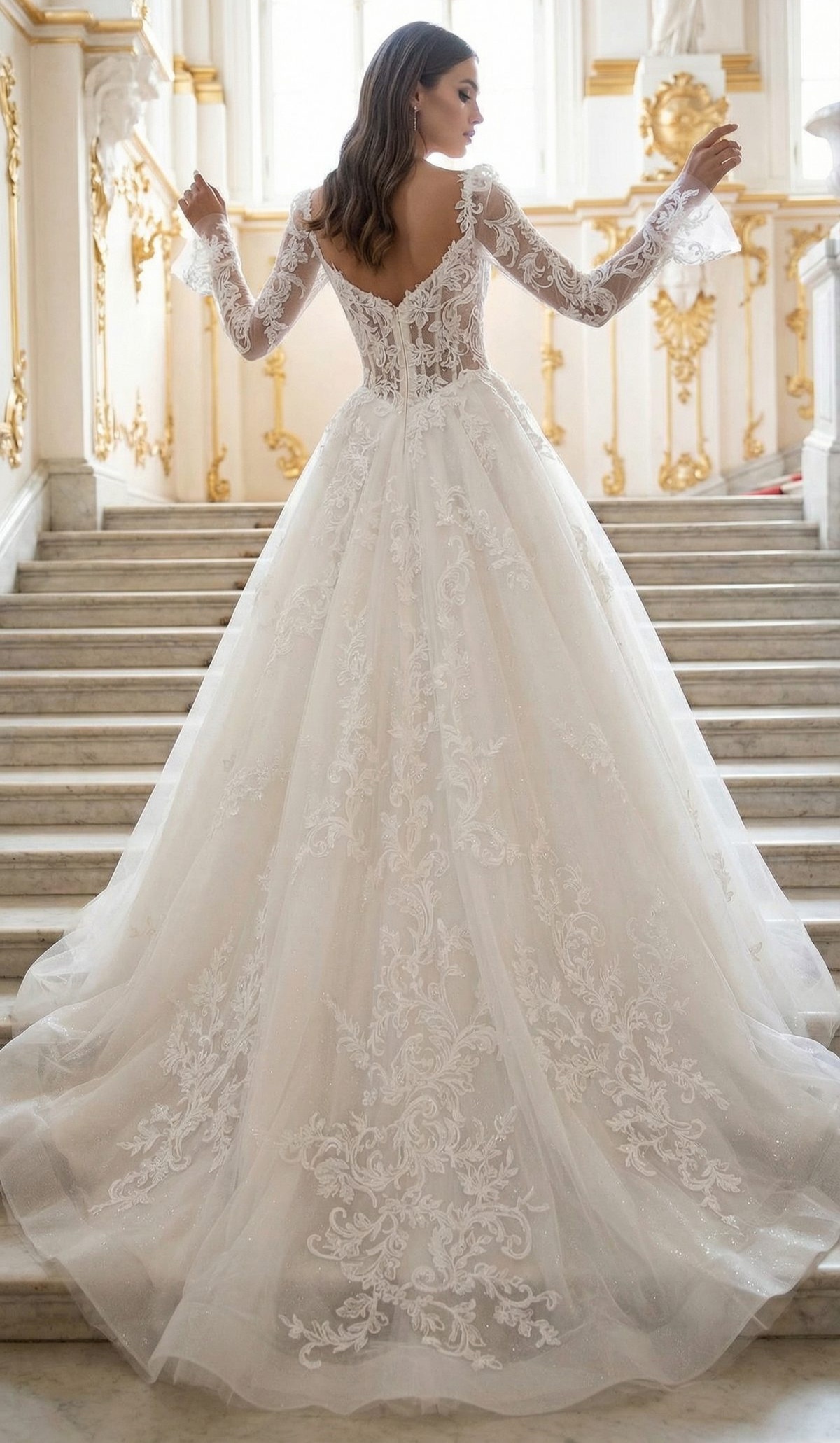 Astar dos MS Moda robe de marinée princesse tulle dentelle décolleté carré manches longues évasées traîne magasin de robes de mariage O'scarlett Paris