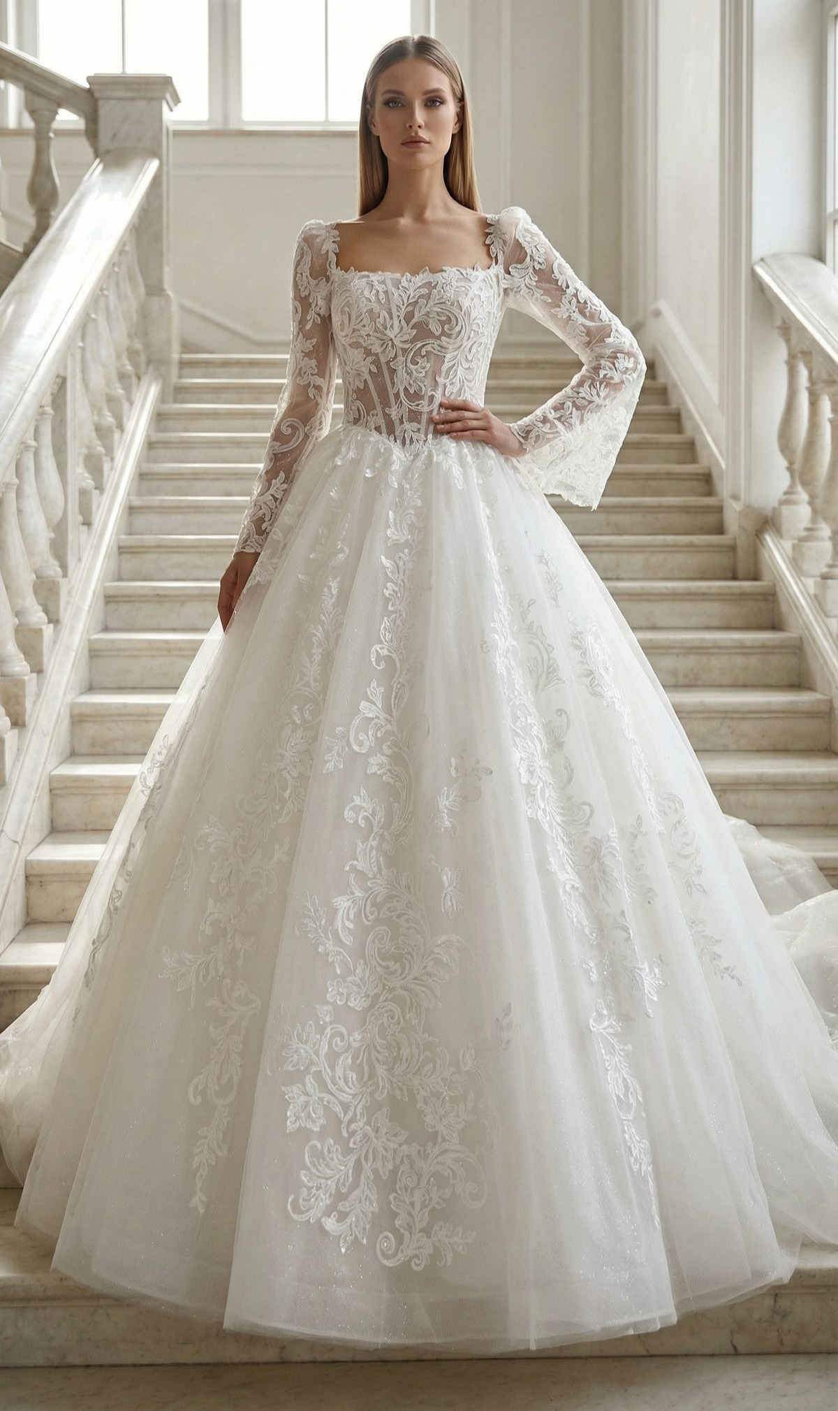 Astar face MS Moda robe de marinée princesse tulle dentelle décolleté carré manches longues évasées traîne magasin de robes de mariage O'scarlett Paris