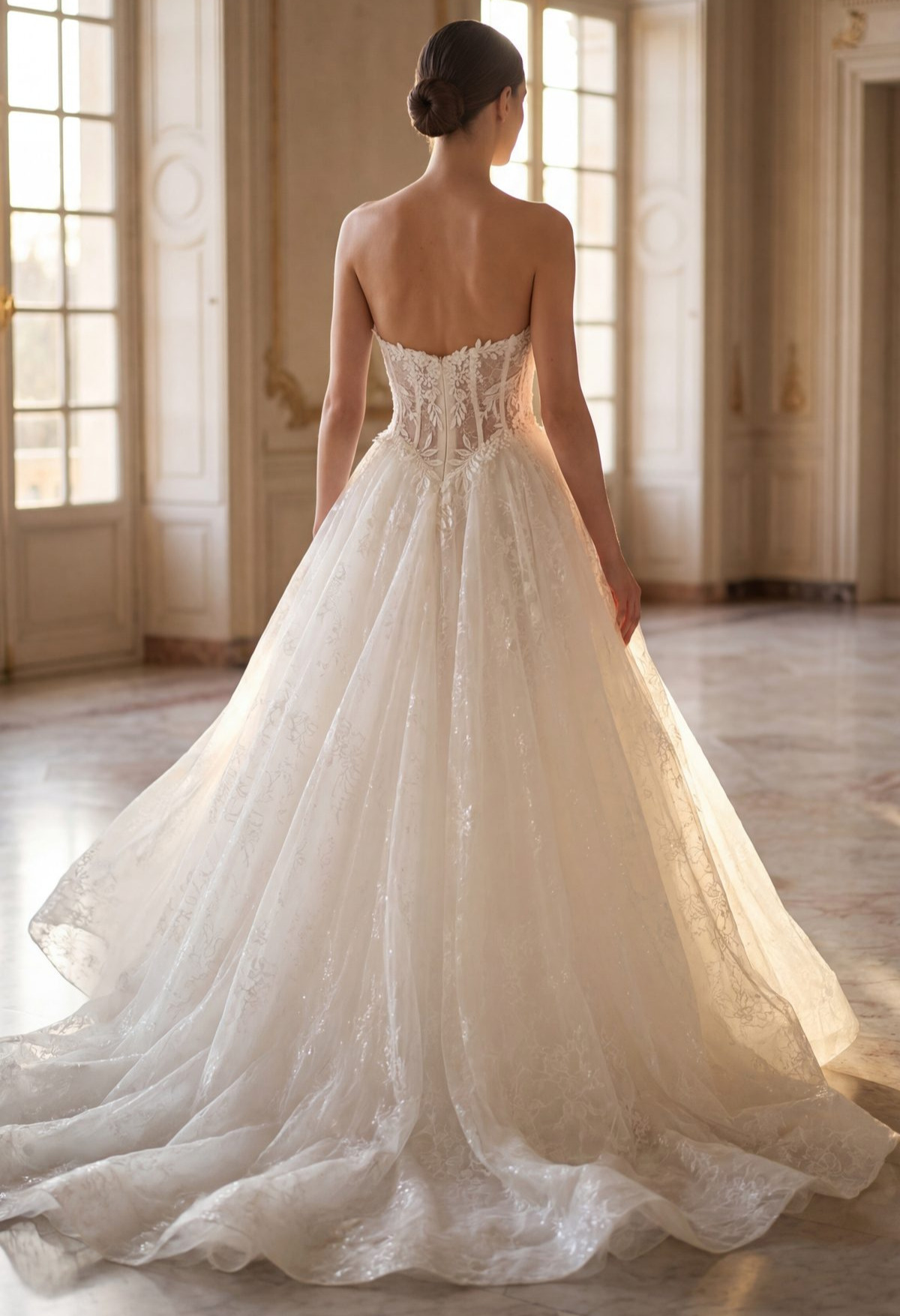 Leizel dos MS Moda robe de mariée princesse bustier coeur dentelle jupe dentelle magasin de robes de mariée Paris