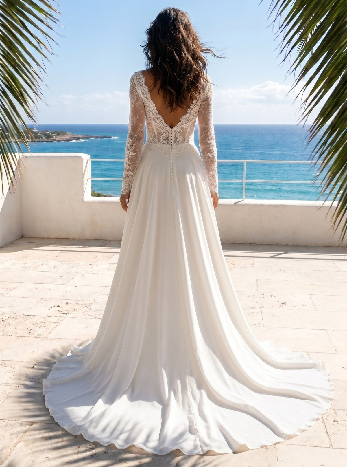 Pari dos MS Moda robe de mariée fluide dentelle mousseline top coeur manches longues jupe fluide traîne magasin de robes de mariée Annecy