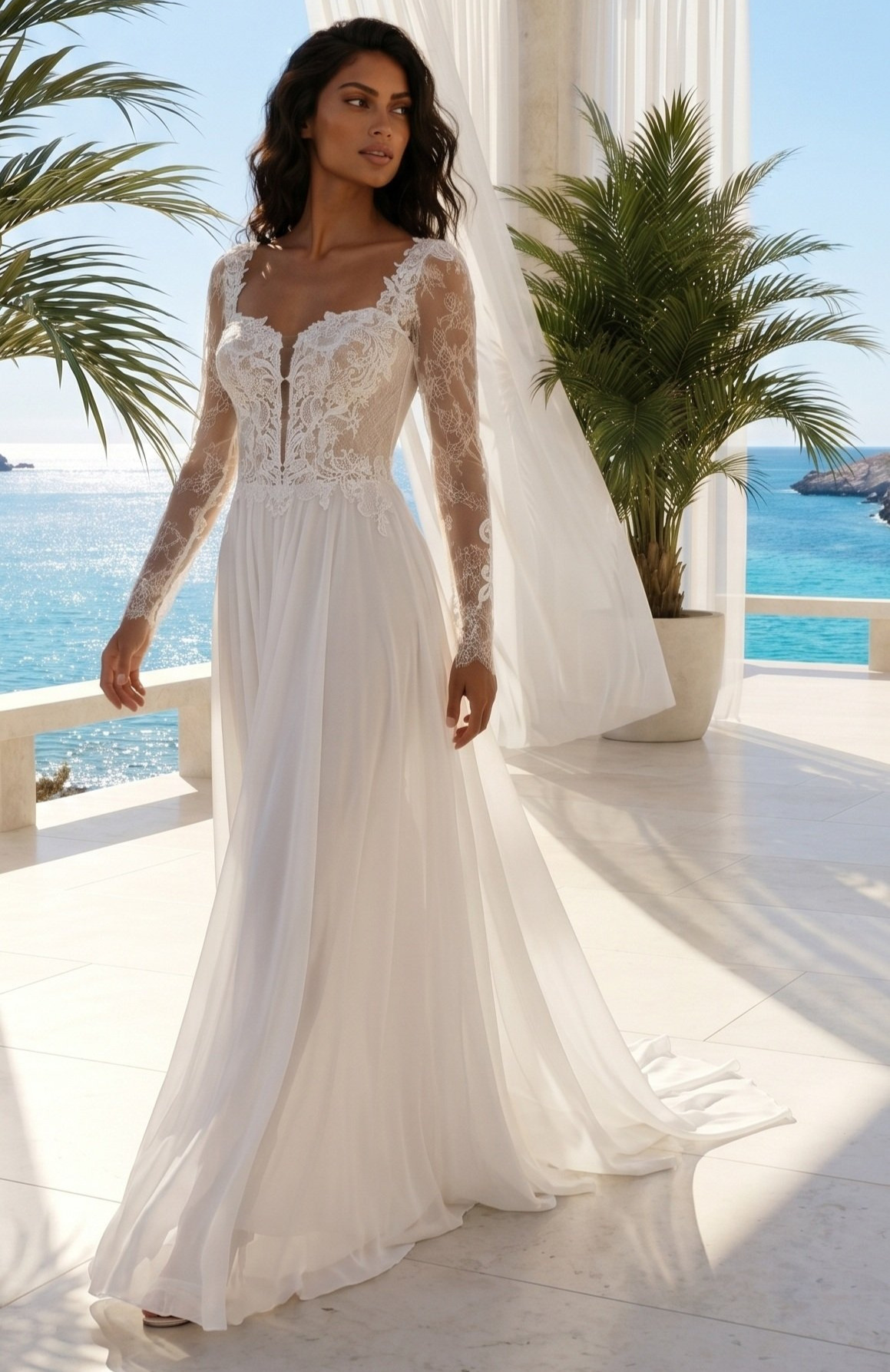 Pari face MS Moda robe de mariée fluide dentelle mousseline top coeur manches longues jupe fluide traîne magasin de robes de mariée Annecy